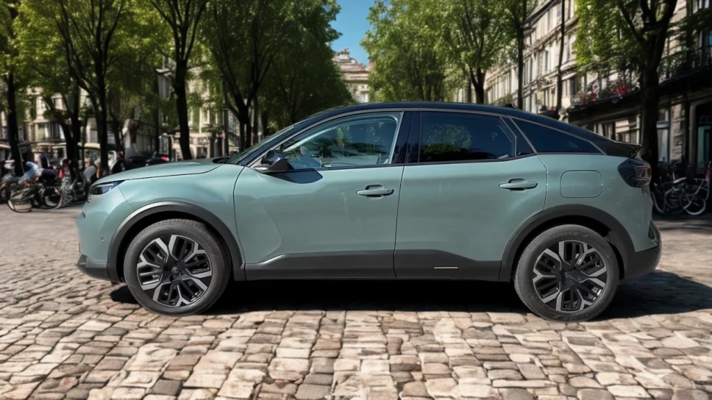 Volledig zijprofiel van 2025 Citroën C4 op keienstenen straat met stedelijk ontwerp proporties