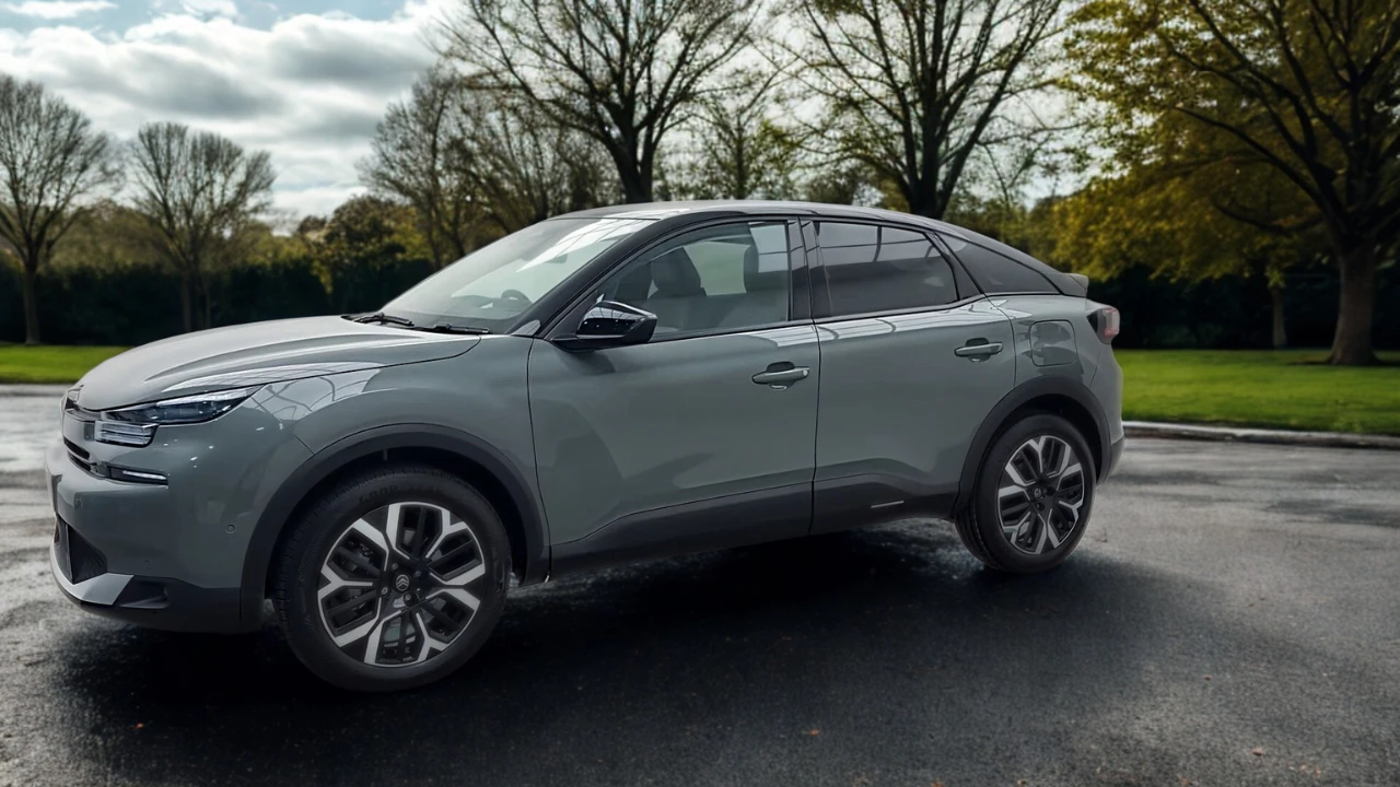 Zijaanzicht van 2025 Citroën C4 met compacte SUV profiel en 18-inch lichtmetalen velgen