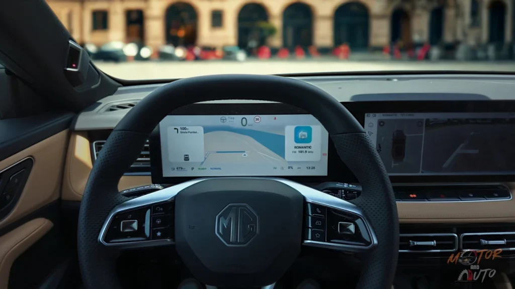 2025 MG HS digitaal dashboard met 12,3-inch instrumentencluster met hybride energiestroom, snelheidsdisplay, navigatie en voertuiginformatie