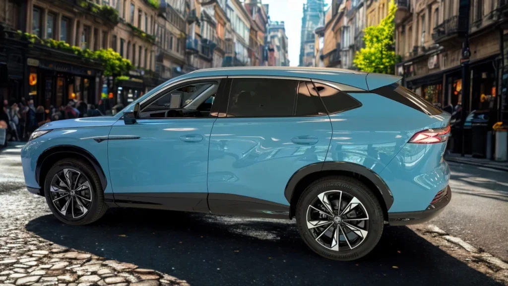 2025 MG HS Hybrid+ in Arctic Blue op drukke stadsstraat vanuit achter drie-kwart hoek, met LED-achterlichtbalk, achterspoiler en stedelijke achtergrond met historische gebouwen