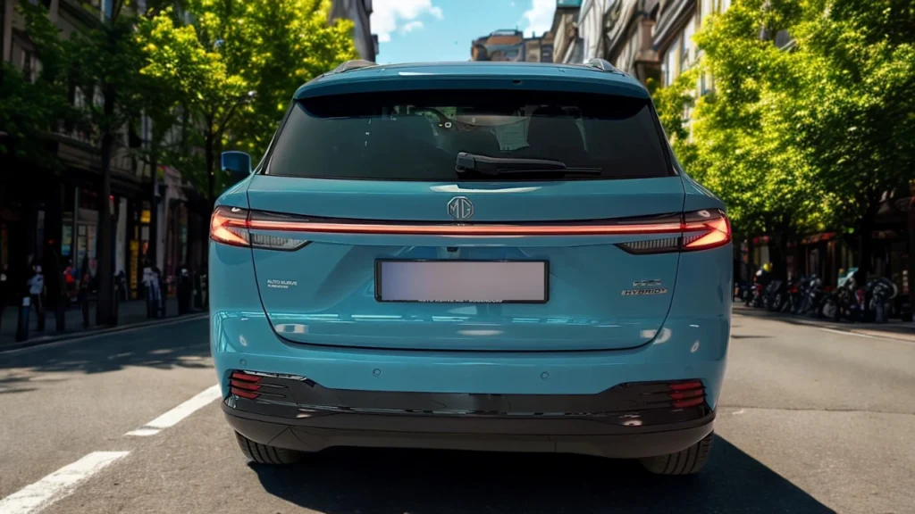 2025 MG HS Hybrid+ in Arctic Blue gefotografeerd van achteren op stadsstraat met stedelijke architectuur achtergrond, met volledige LED-achterlichten en moderne SUV-proporties