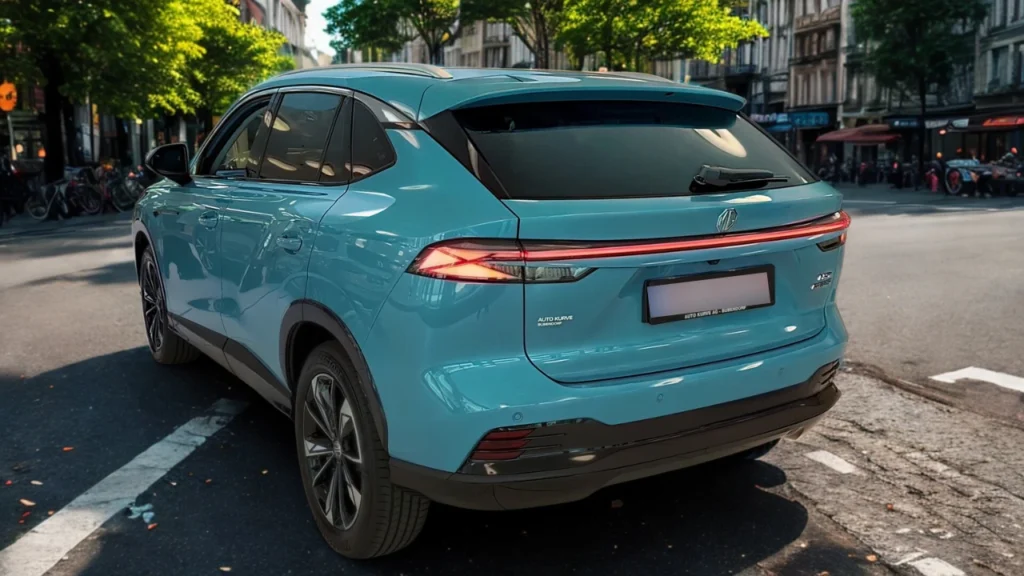 Achteraanzicht van 2025 MG HS Hybrid+ in Arctic Blue op stadsstraat, met doorlopende LED-achterlichtbalk, MG-logo, Hybrid+ badge en Europese kentekenplaat houder