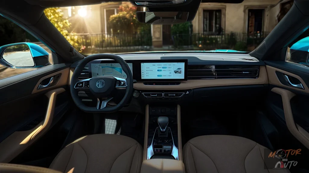 Uitgebreid zicht op het interieur van de 2025 MG HS Hybrid+ met dubbele displays, beige lederen bekleding, premium materialen en ruime cabine design