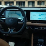 2025 MG HS dashboard vanuit bestuurderspositie met dubbele 12,3-inch schermen, MG-logo stuurwiel, klimaatregeling en beige interieuraccenten