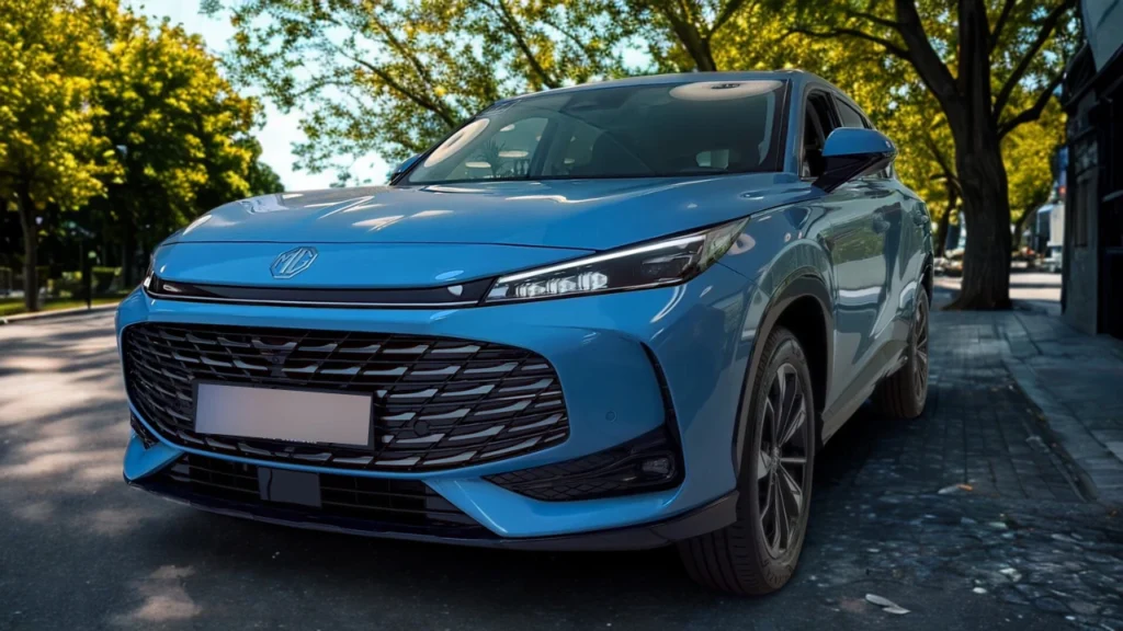 2025 MG HS Hybrid+ SUV in Arctic Blue kleur geparkeerd op bomenlaan, vooraanzicht drie-kwart hoek met LED-koplampen, zwarte honingraat grille en 19-inch lichtmetalen velgen