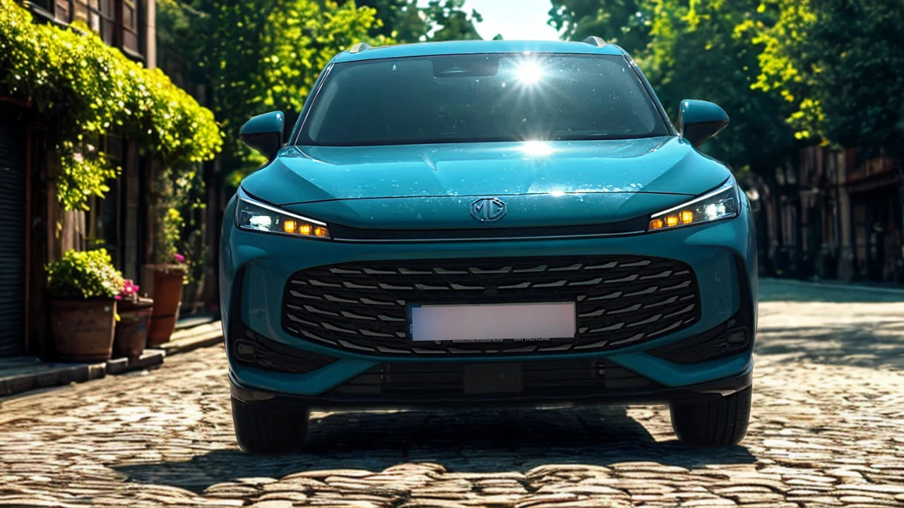 Frontaal vooraanzicht van 2025 MG HS Hybrid+ in Arctic Blue op kinderkopjes met verlichte LED-dagrijverlichting, MG-logo en grote voorgrille