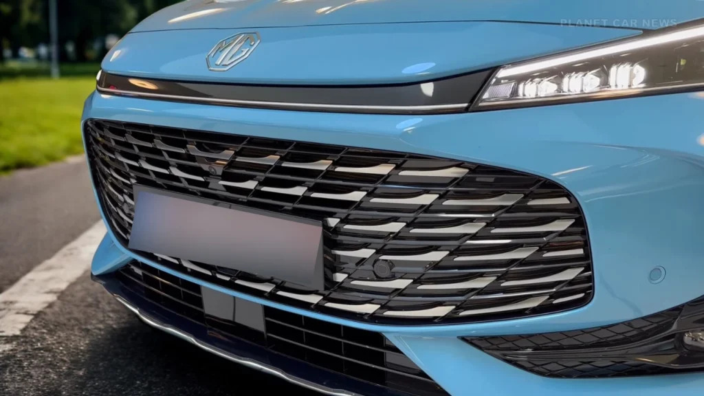 Gedetailleerd zicht op de voorgrille van de 2025 MG HS Hybrid+ met het honingraatpatroon, MG-badge en LED-koplamp configuratie