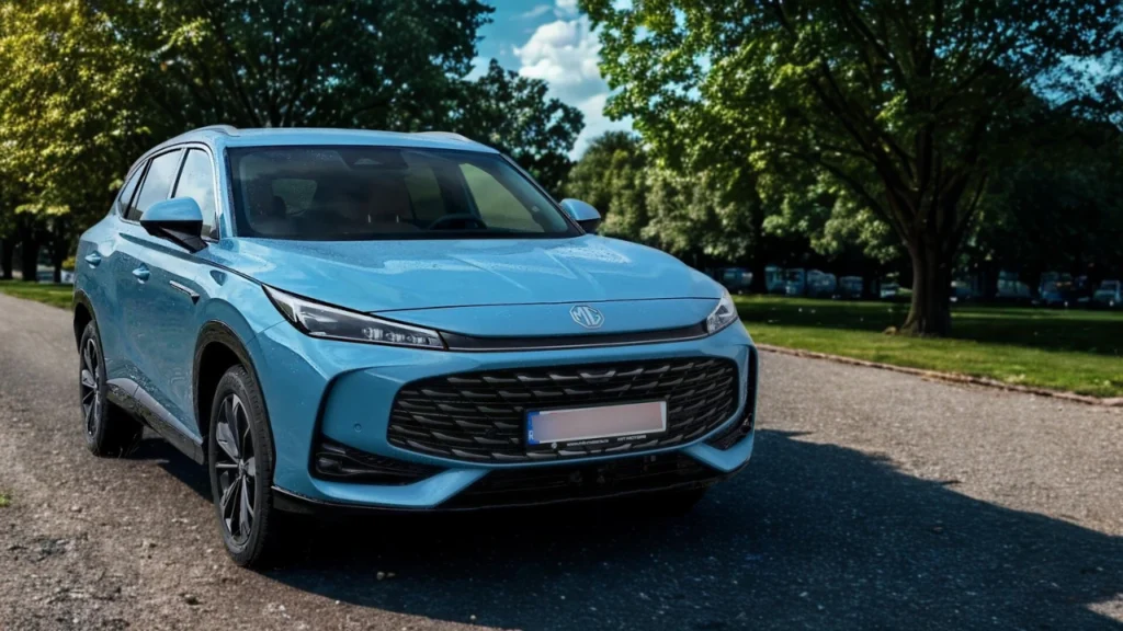 Zijaanzicht van 2025 MG HS Hybrid+ SUV in Arctic Blue geparkeerd in woonwijk, met coupé-achtige daklijn, chromen details en 19-inch diamant-geslepen lichtmetalen velgen