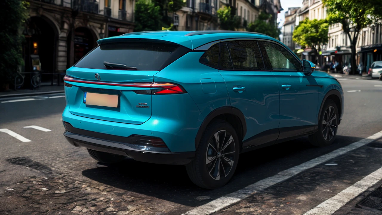 2025 MG HS Hybrid+ SUV in Arctic Blue rijdend op stadsstraat vanuit achter drie-kwart perspectief, met dynamische beweging en stedelijke omgeving