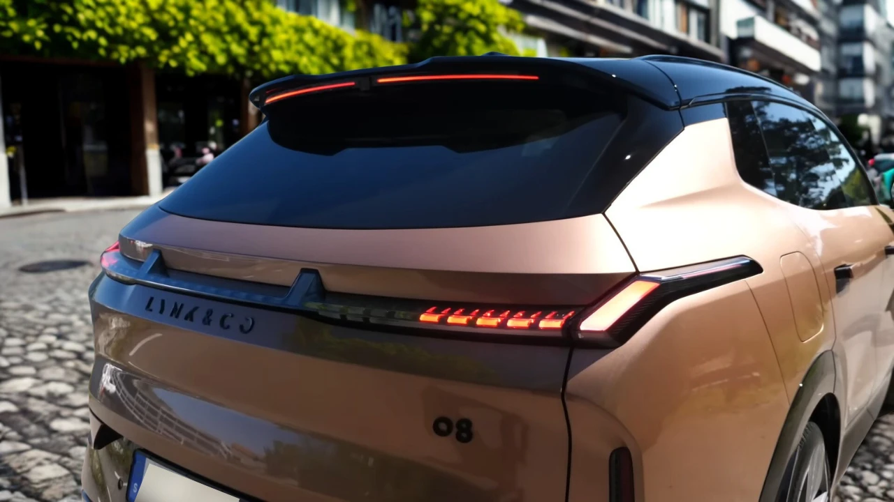 Achter ontwerp detail van de 2026 Lynk & Co 08 met het volledige breedte achterlicht ontwerp, geïntegreerde spoiler, model badges, en strakke achterstyling met verborgen uitlaatmonden typisch voor hybride voertuigen.