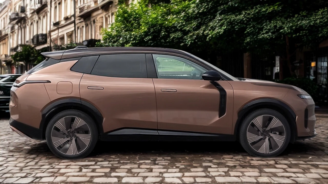 Volledig zijaanzicht profiel van de 2026 Lynk & Co 08's proporties, met de 2,85m wielbasis, verhoogde rijpositie, en onderscheidende raamlijn ontwerp op historische Europese geplaveide straat.