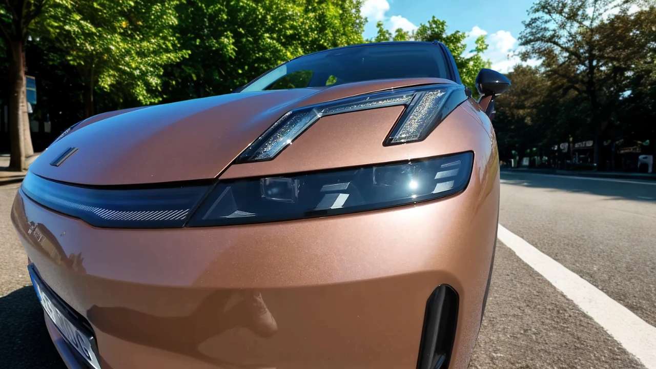 Voor hoek detail met nadruk op de 2026 Lynk & Co 08's geavanceerde LED verlichtingstechnologie, inclusief de onderscheidende lichtsignatuur en aerodynamische voorkant fascia ontwerp elementen.