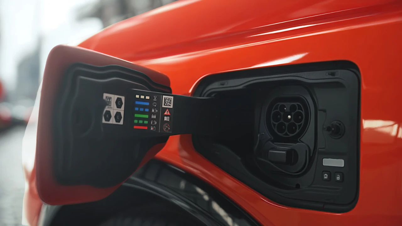 Open laadpoort op rode 2026 Nissan Micra met CCS2-connector en laadstatusindicatoren in voorbumperlocatie