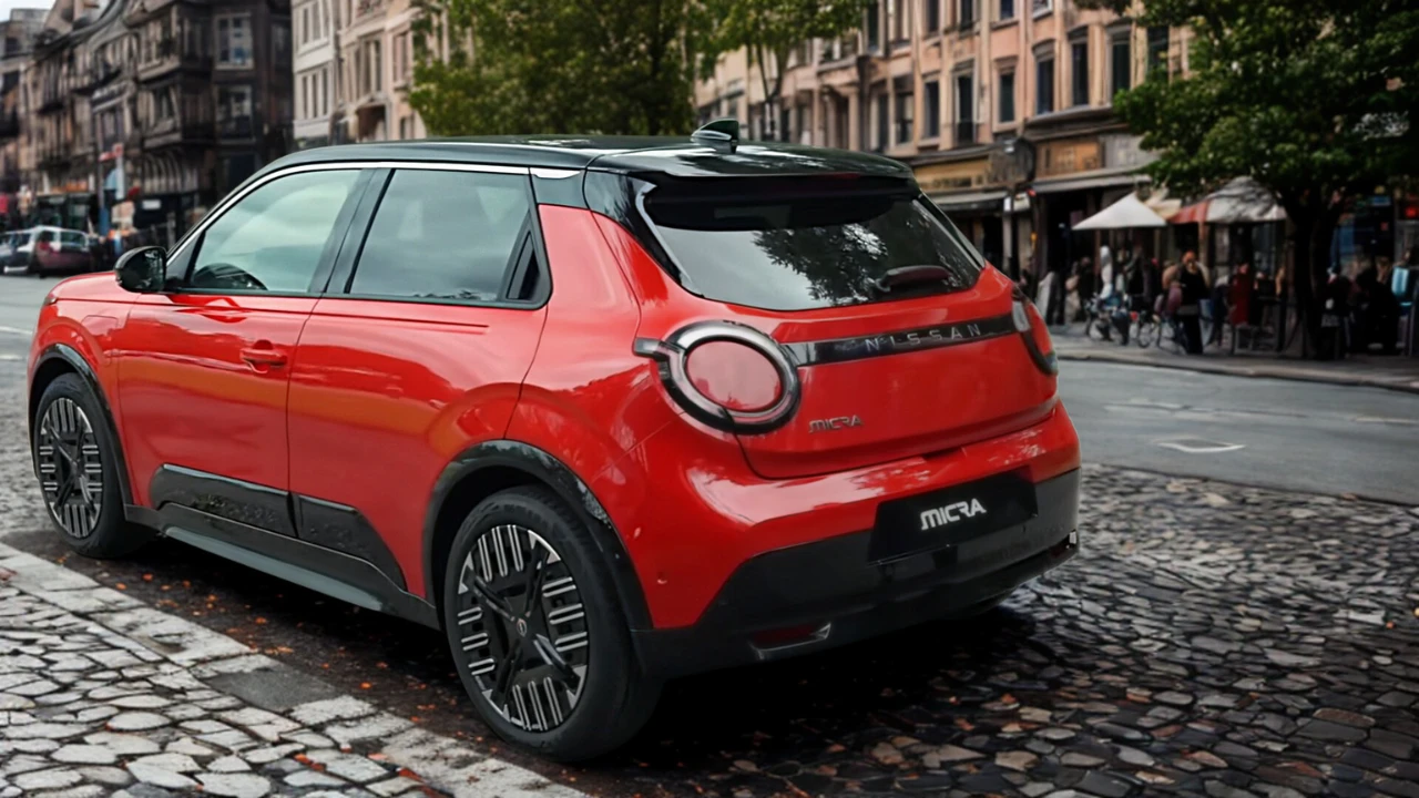 Rode 2026 Nissan Micra elektrische auto vanuit achter driekwart aanzicht op kasseienstraat met ronde achterlichten, Nissan-branding en sportieve achterspoiler