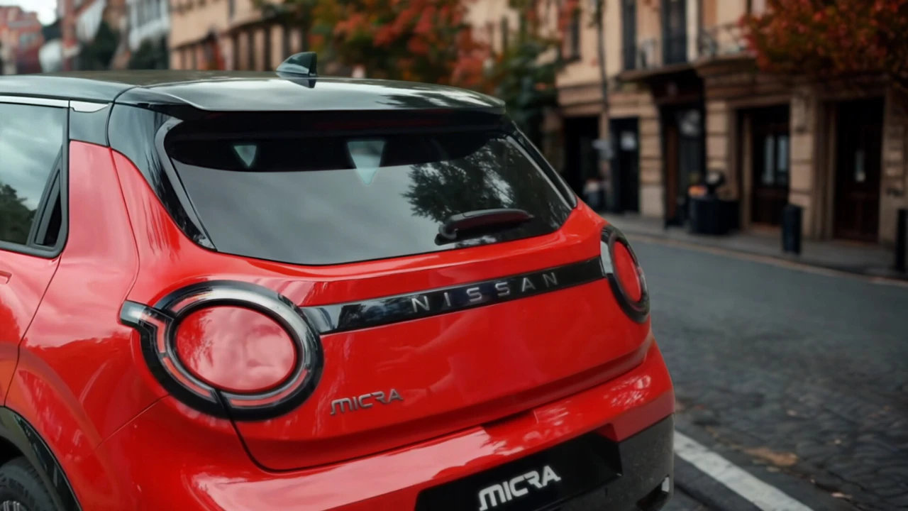 Close-up achteraanzicht van rode 2026 Nissan Micra met kenmerkende ronde LED-achterlichten en Nissan woordmerk over de achterklep