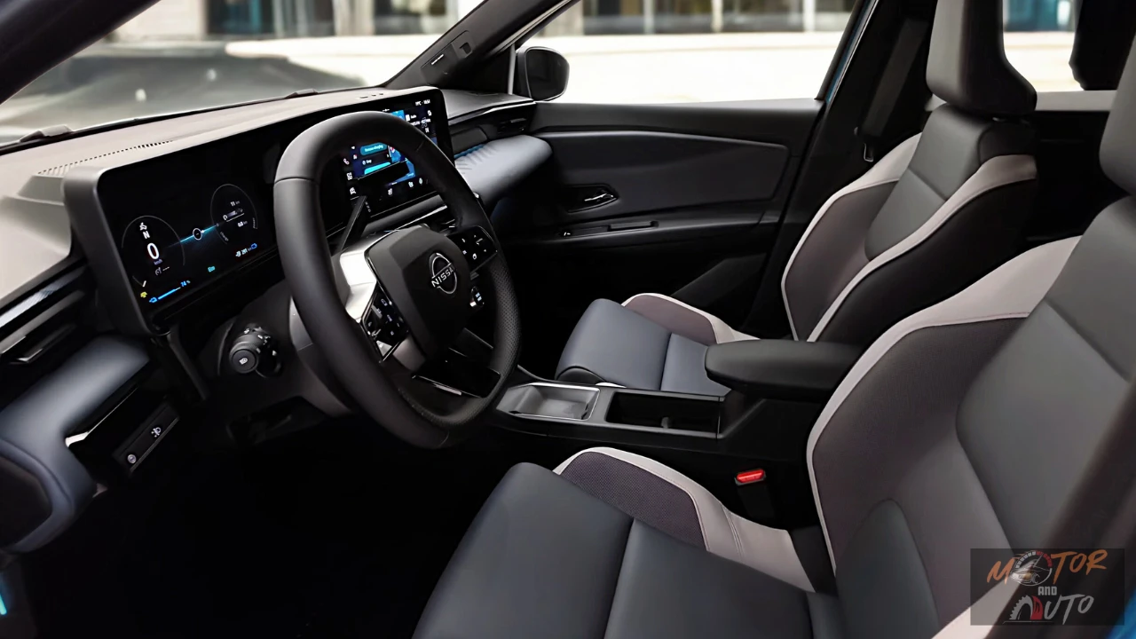 Interieur van de 2026 Nissan Micra met het optionele Chill-bekledingspakket in grijs en beige stof, wat een heldere en luchtige cabine-sfeer creëert met moderne ontwerpelementen.