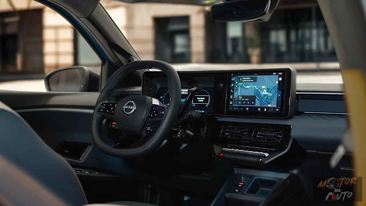 2026 Nissan Micra dashboard met dubbele digitale schermen met navigatie- en instrumentendisplays, Nissan-stuurwiel en modern interieurontwerp