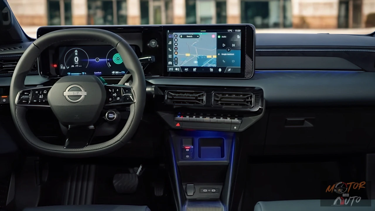 2026 Nissan Micra infotainmentscherm met Google Maps-navigatie met blauwe routegeleiding en moderne dashboard-bediening