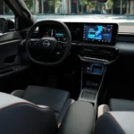 Interieur dashboard aanzicht van 2026 Nissan Micra met dubbele digitale schermen, Nissan-stuurwiel en moderne grijs en blauwe stoelbekleding