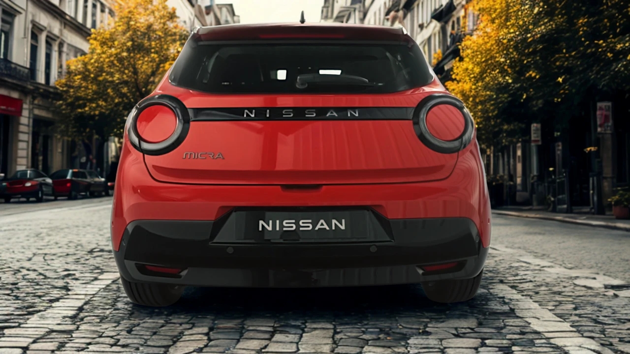 Volledig achteraanzicht van rode 2026 Nissan Micra op kasseienstraat met compleet achterontwerp met ronde achterlichten en Nissan-branding