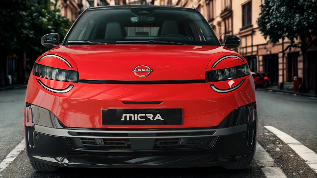 Vooraanzicht van rode 2026 Nissan Micra elektrische auto met ronde LED-koplampen, Nissan-logo en zwarte onderste bumpersectie geparkeerd op kasseienstraat