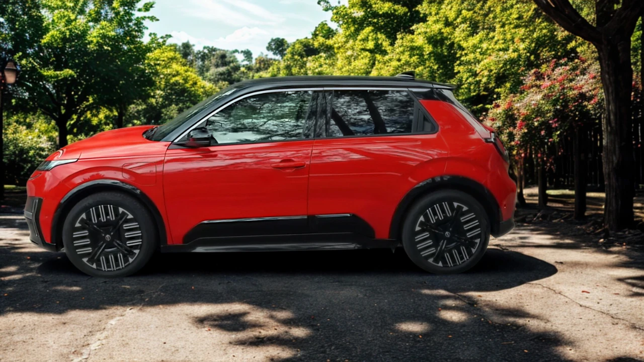Zijprofiel aanzicht van rode 2026 Nissan Micra met zwart dak met volledig carrosserieontwerp, kenmerkende zijsculptuur en 18-inch wielen in parkdecor