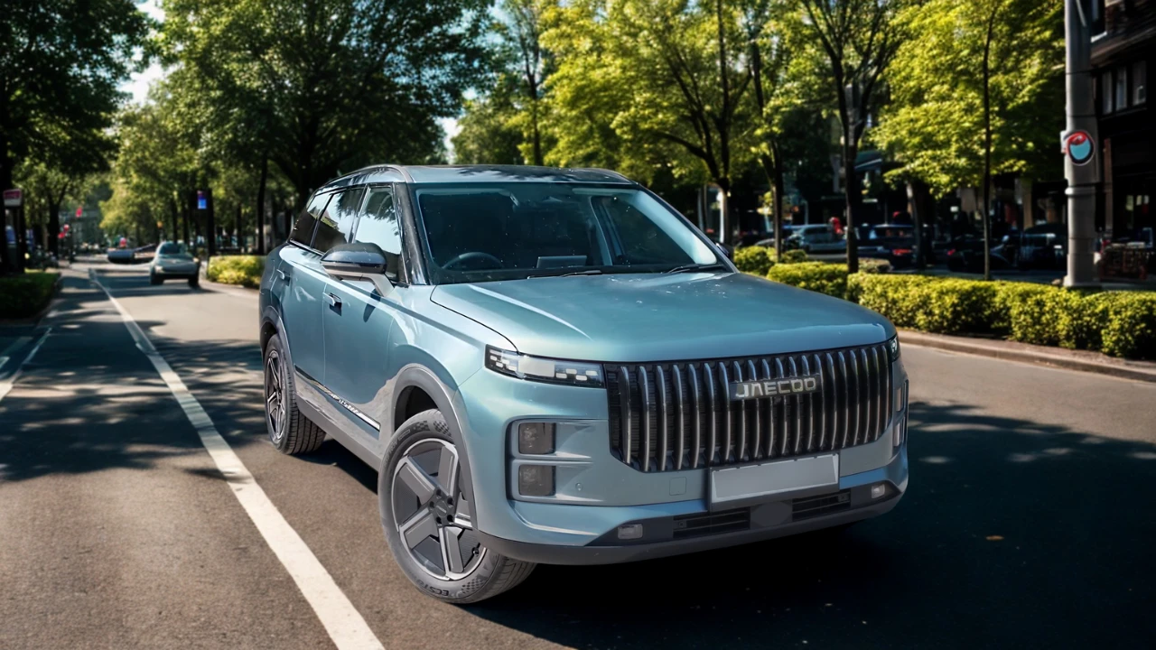 Vooraanzicht van Jaecoo 7 SUV met grote zeshoekige grille, LED-koplampen en gedurfde Jaecoo-branding