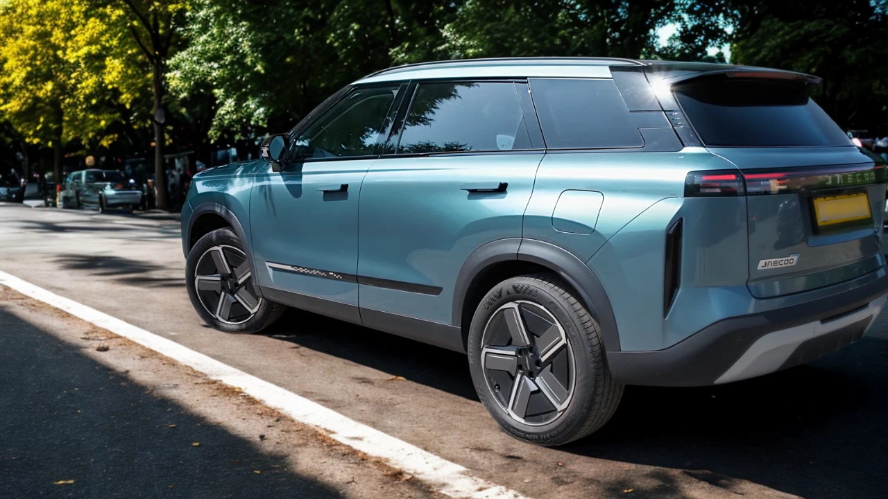 Zijprofiel van Jaecoo 7 SUV met dynamische carrosserielijnen, 19-inch velgen en gestroomlijnde silhouet