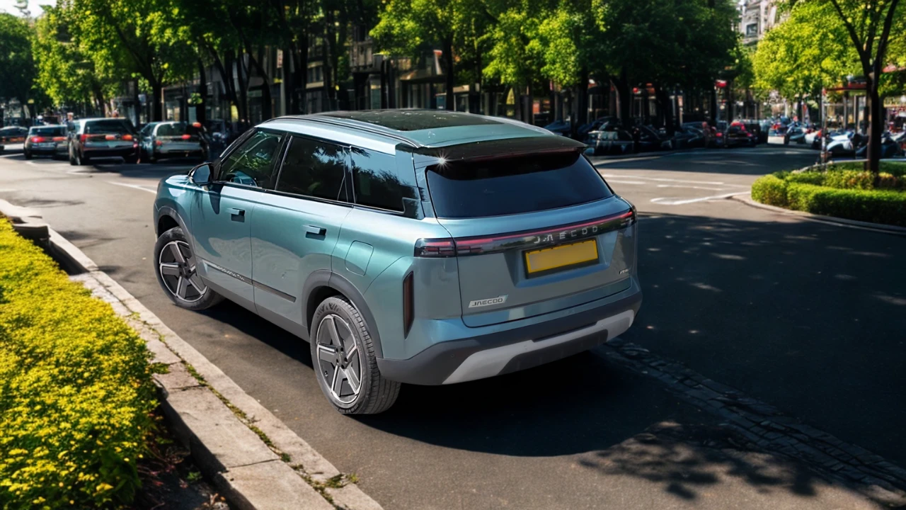 Jaecoo 7 PHEV SUV in stedelijke omgeving met achterdesign en stadsvriendelijke proporties
