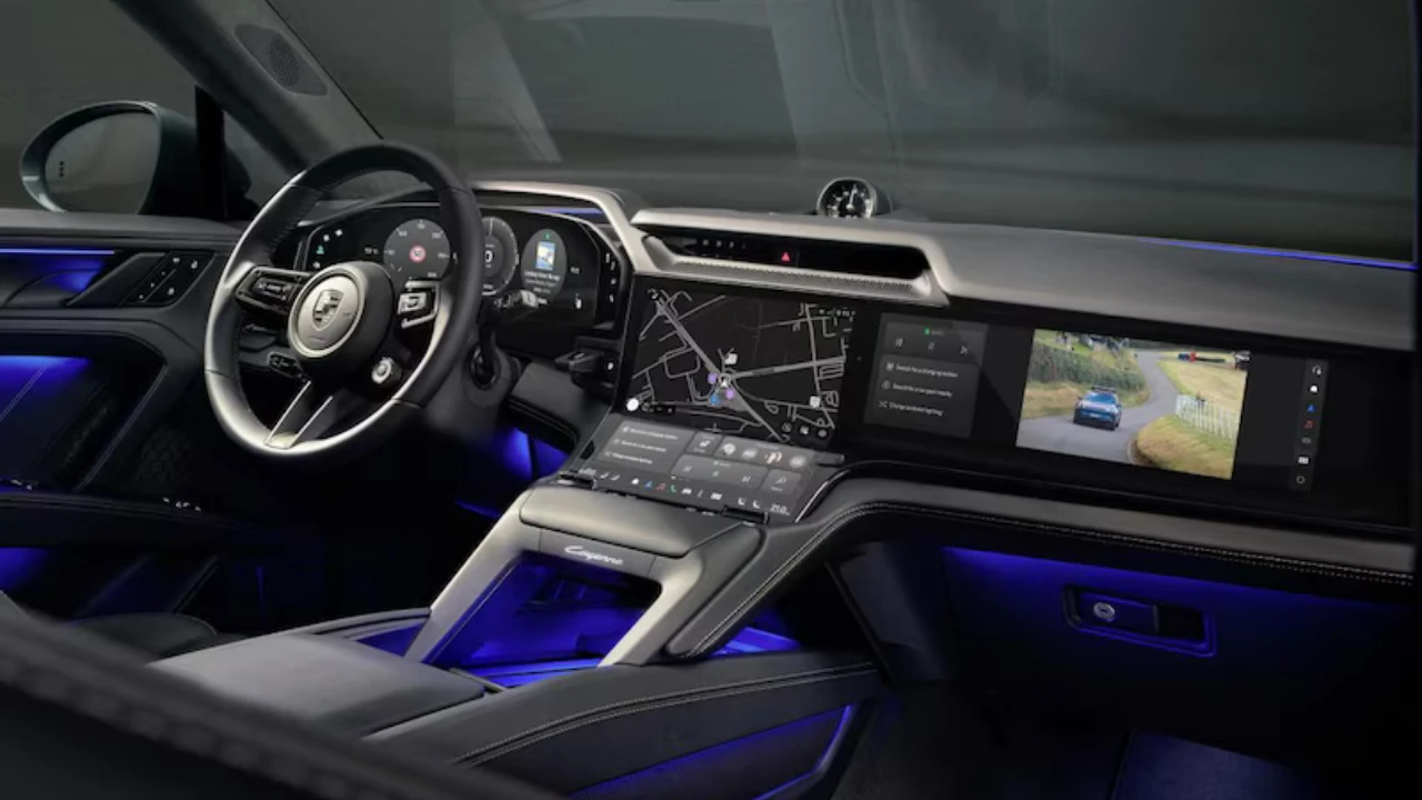 Porsche Cayenne Electric Passagiersscherm Demonstreert Video Streaming Entertainment Functie