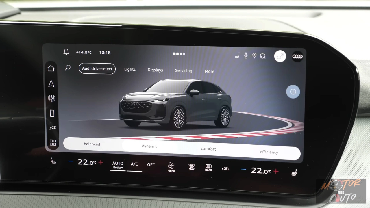 2026 Audi Q3 centraal touchscreen display met Audi Drive Select menu met voertuigafbeelding, rijmodus schuifregelaar met balanced/dynamic/comfort/efficiency opties, klimaatregeling ingesteld op 22°C en bovenste menubalk met connectiviteitspictogrammen