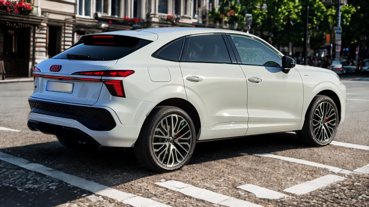 Gedetailleerd achter driekwart zicht van de 2026 Audi Q3 Sportback in stedelijke setting, met nadruk op de fastback daklijn integratie, gesplitste LED-achterlichten op twee niveaus, 20-inch veelspaaks wielen, zwarte onderste carrosseriebescherming en compacte 4.530mm totale lengte in premium witte afwerking.