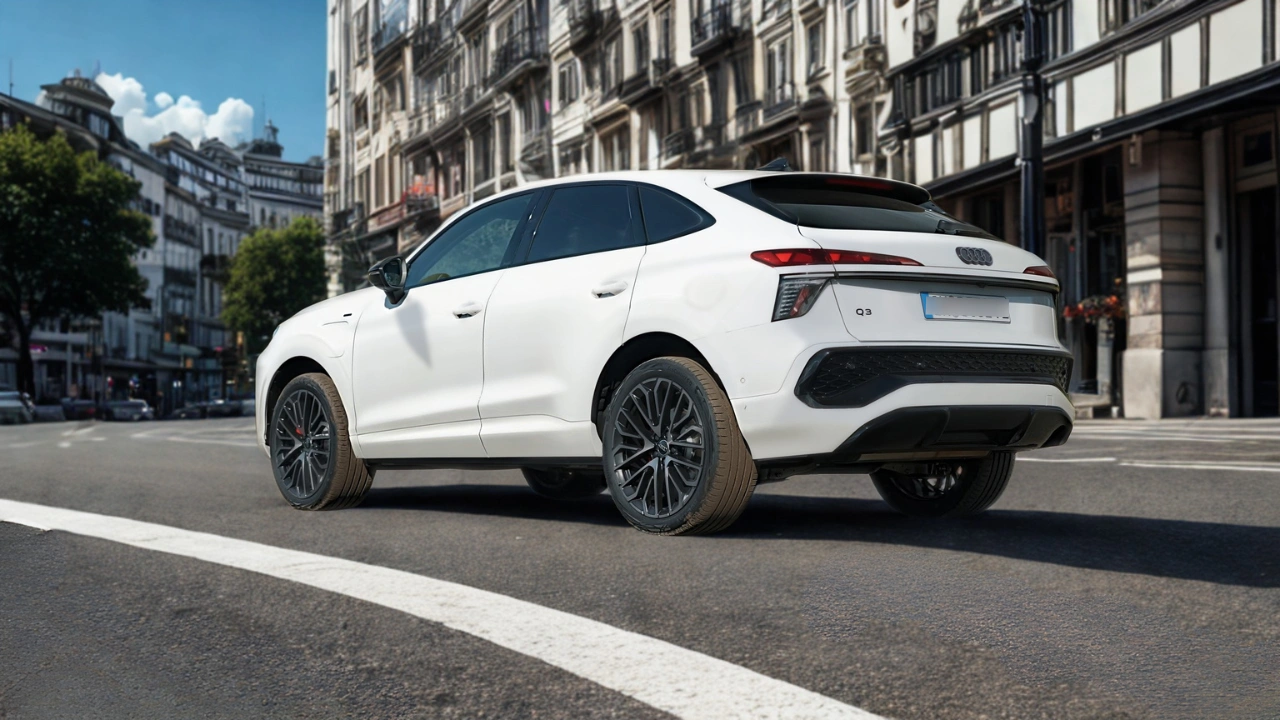 De 2026 Audi Q3 Sportback in Gletsjerwit met zijn aflopende daklijn, gesplitste LED-achterlichten met horizontale lichtstrook, 20-inch veelspaaks zwarte wielen met rode remklauwen en compacte SUV-proporties in een stedelijke Europese setting.