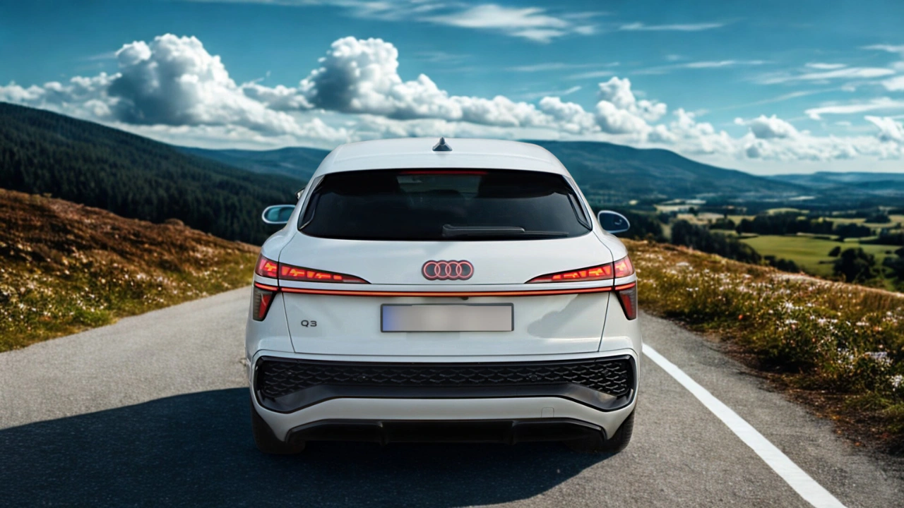Rear view of the 2026 Audi Q3 Sportback on mountain road showcasing split-level LED taillights with horizontal connecting light strip, illuminated Audi rings (market-dependent), roof-mounted shark fin antenna, rear wiper, black lower diffuser, and scenic highland backdrop.