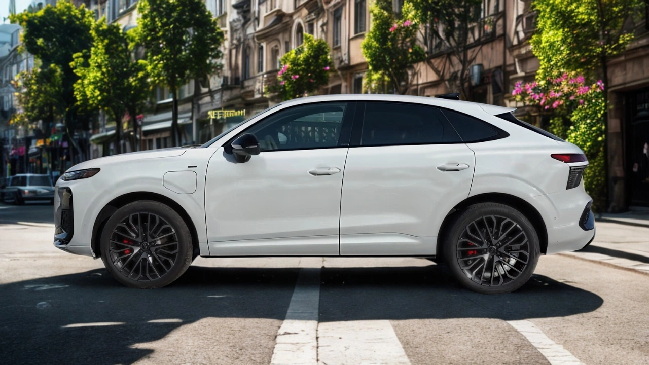 Compleet zijprofiel van de 2026 Audi Q3 Sportback met zijn 4.530mm lengte, fastback daklijn, prominente schouderlijn, zwarte spiegelkappen, vlakke deurgrepen, 20-inch wielen, plug-in hybride oplaadpoort op voorspatbord en zwarte onderste carrosseriebescherming in stedelijke setting.