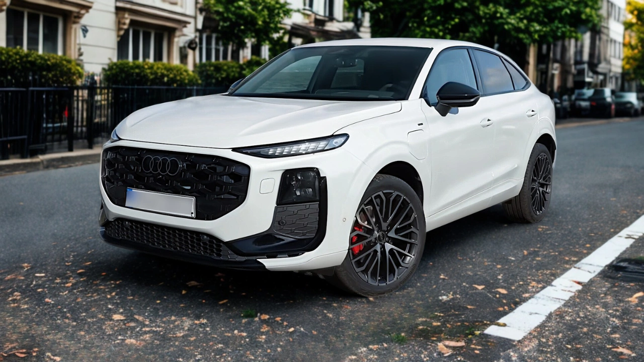 De 2026 Audi Q3 Sportback in Gletsjerwit gefotografeerd vanuit voor driekwart hoek in stedelijke setting, met S-line exterieurpakket met zwarte Singleframe grille, digitale matrix LED-koplampen, 20-inch wielen met rode remklauwen en plug-in hybride oplaadpoort.