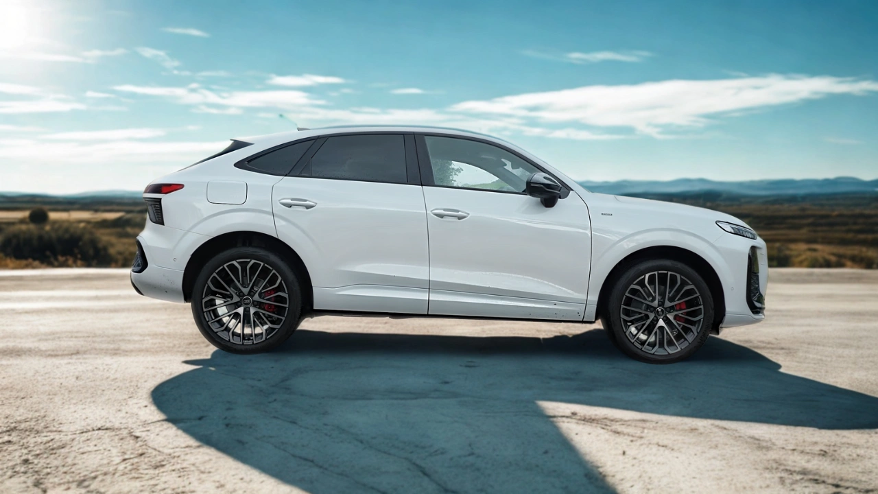 Profielzicht van de 2026 Audi Q3 Sportback met nadruk op zijn 4.530mm lengte, coupé-achtige daklijn die 3cm lager uitkomt dan standaard Q3, karakterlijn van voor naar achter, 20-inch veelspaaks wielen, zwarte spiegelkappen en plug-in hybride badges.