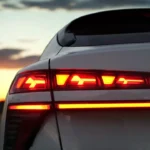 Artistieke close-up van het verlichte LED-achterlicht van de 2026 Audi Q3 bij zonsondergang, met de bovenste gesegmenteerde LED-array met pijlvormige elementen, onderste horizontale LED-lichtstrook in rood en amber en het verfijnde gesplitste verlichtingsontwerp tegen schemerende hemel.