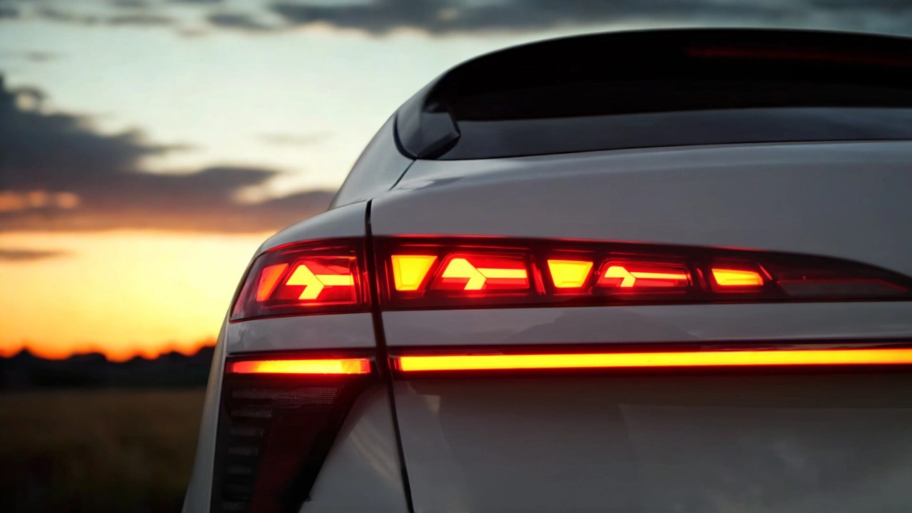 Artistieke close-up van het verlichte LED-achterlicht van de 2026 Audi Q3 bij zonsondergang, met de bovenste gesegmenteerde LED-array met pijlvormige elementen, onderste horizontale LED-lichtstrook in rood en amber en het verfijnde gesplitste verlichtingsontwerp tegen schemerende hemel.