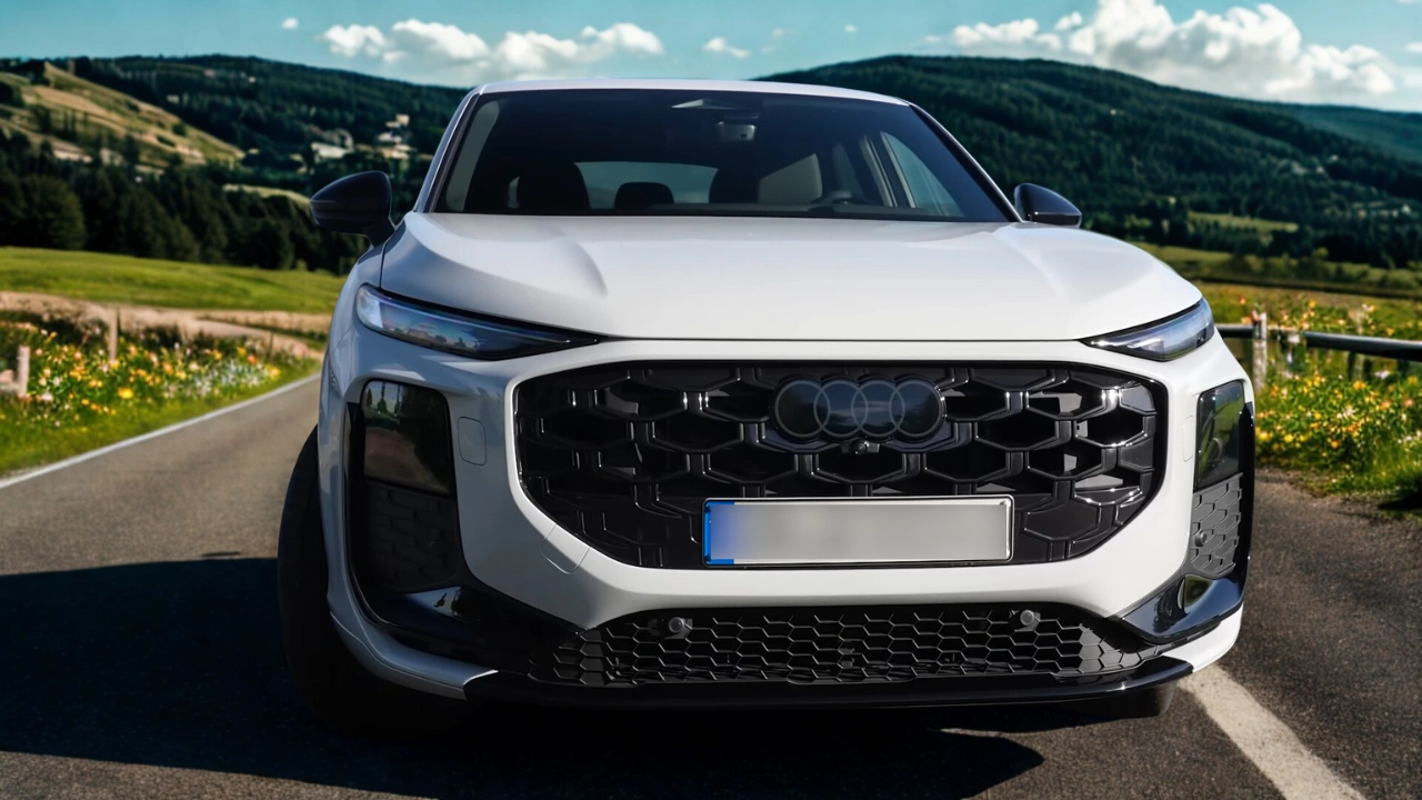 Direct vooraanzicht van de 2026 Audi Q3 op schilderachtige plattelandsweg met de imposante uitstraling van de Singleframe grille, gesplitst LED-verlichtingsontwerp op twee niveaus, brede stance met zichtbare wielkasten, onderste zwarte luchtinlaten en moderne compacte SUV-proporties tegen bergachtergrond.