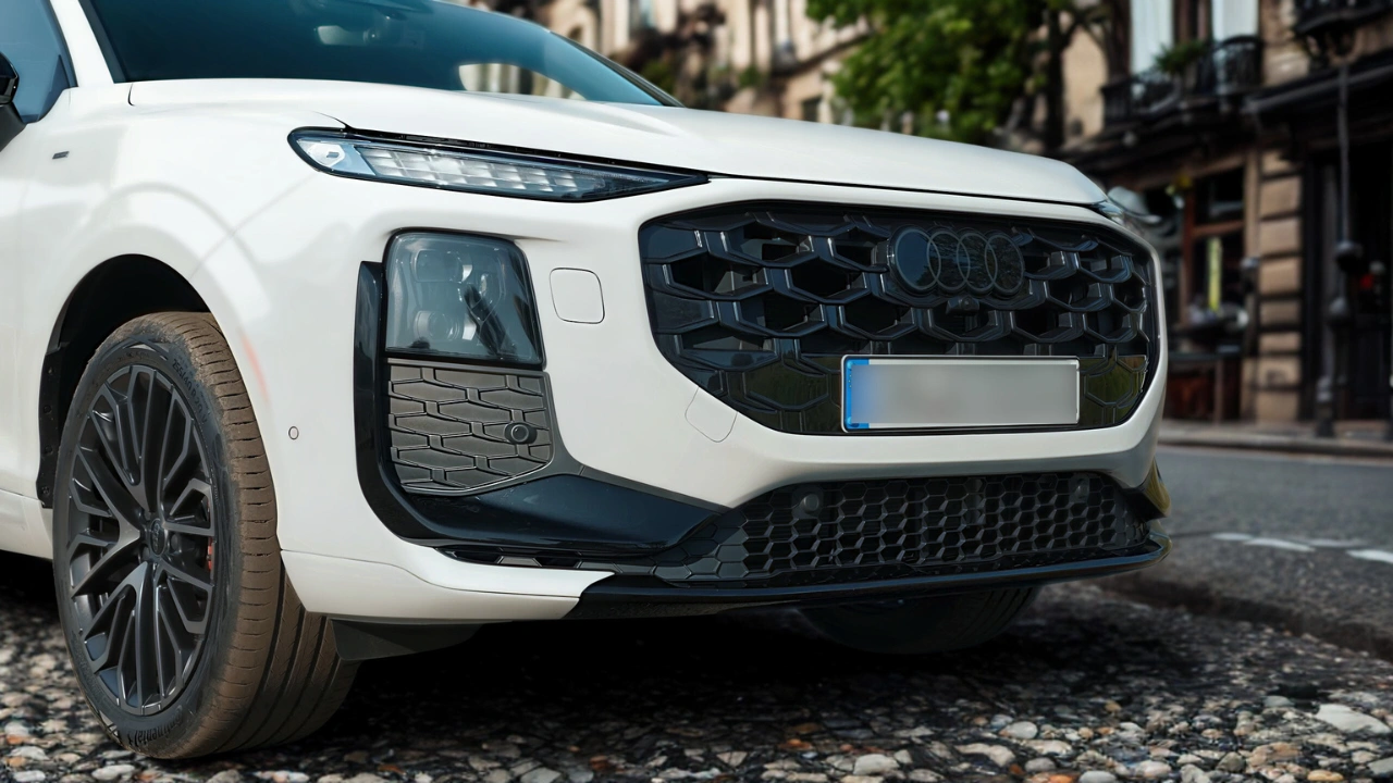 Gedetailleerd vooraanzicht van de 2026 Audi Q3 met de kenmerkende Singleframe grille met honingraatpatroon in zwart, gesplitste LED-koplampen op twee niveaus, onderste luchtinlaten, parkeersensoren en 20-inch veelspaaks wielen in Gletsjerwit met S-line exterieurpakket.