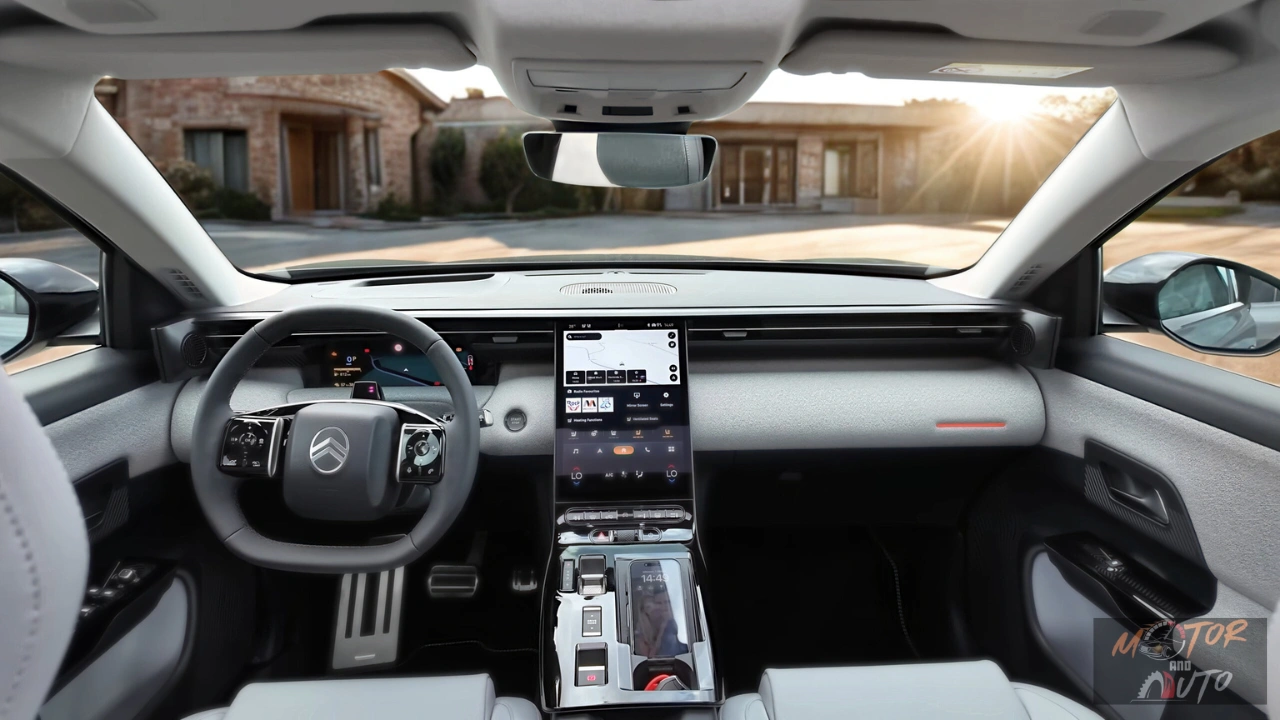 Interieur dashboardweergave van 2026 Citroën C5 Aircross met 13-inch centraal touchscreen, digitaal instrumentenpaneel, met leer bekleed stuurwiel, lichtgrijze en zwarte bekleding, en panoramisch uitzicht op woonwijk