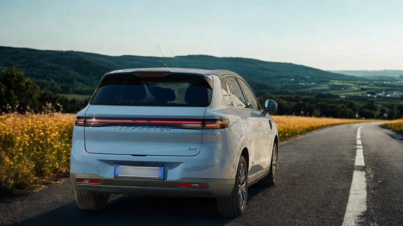 Achteraanzicht van de 2026 Leapmotor B10 op landelijke weg met doorlopende LED achterlicht en B10 badge