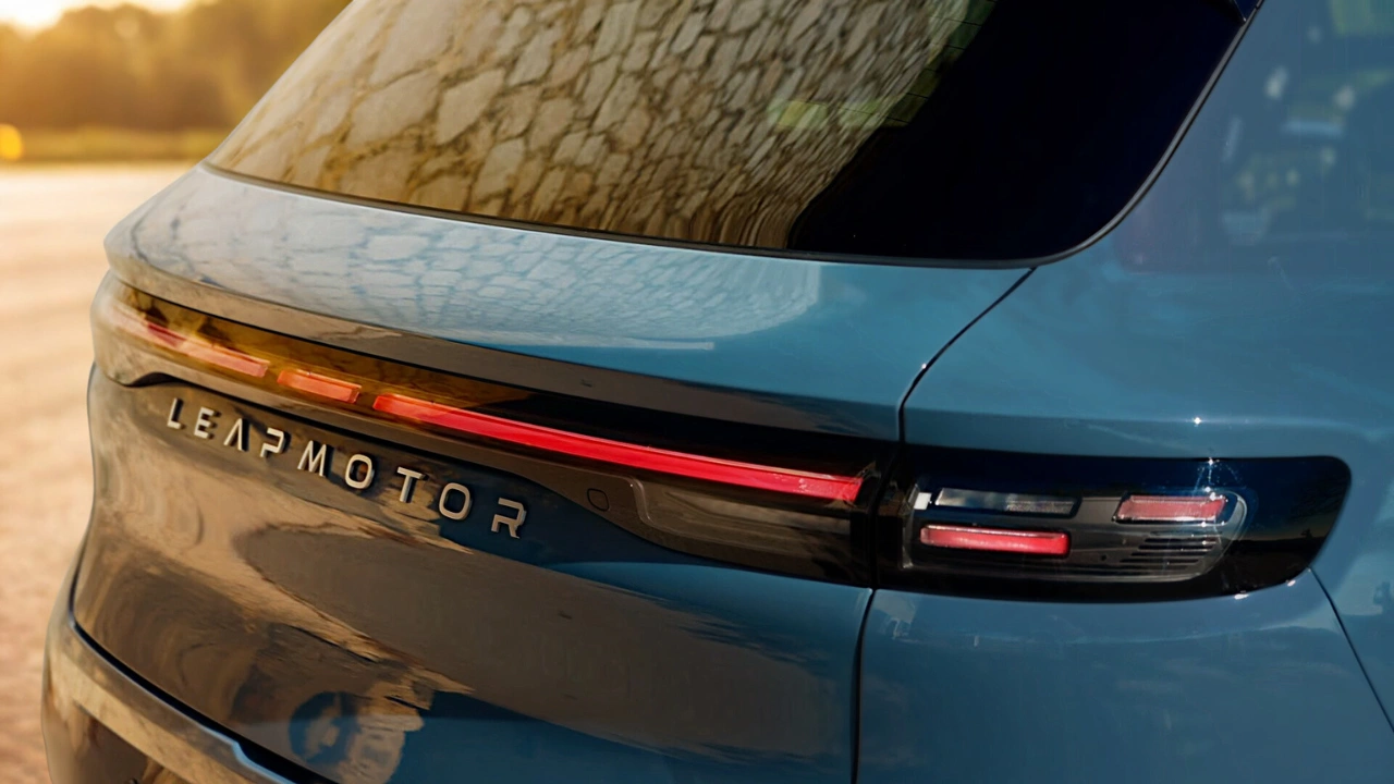 Close-up detail van de doorlopende LED achterlichtbalk van de 2026 Leapmotor B10 en Leapmotor letters
