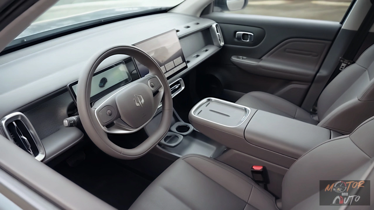 Voorste interieur cabine van de 2026 Leapmotor B10 met lichtgrijze eco-lederen stoelen en ruim dashboard layout