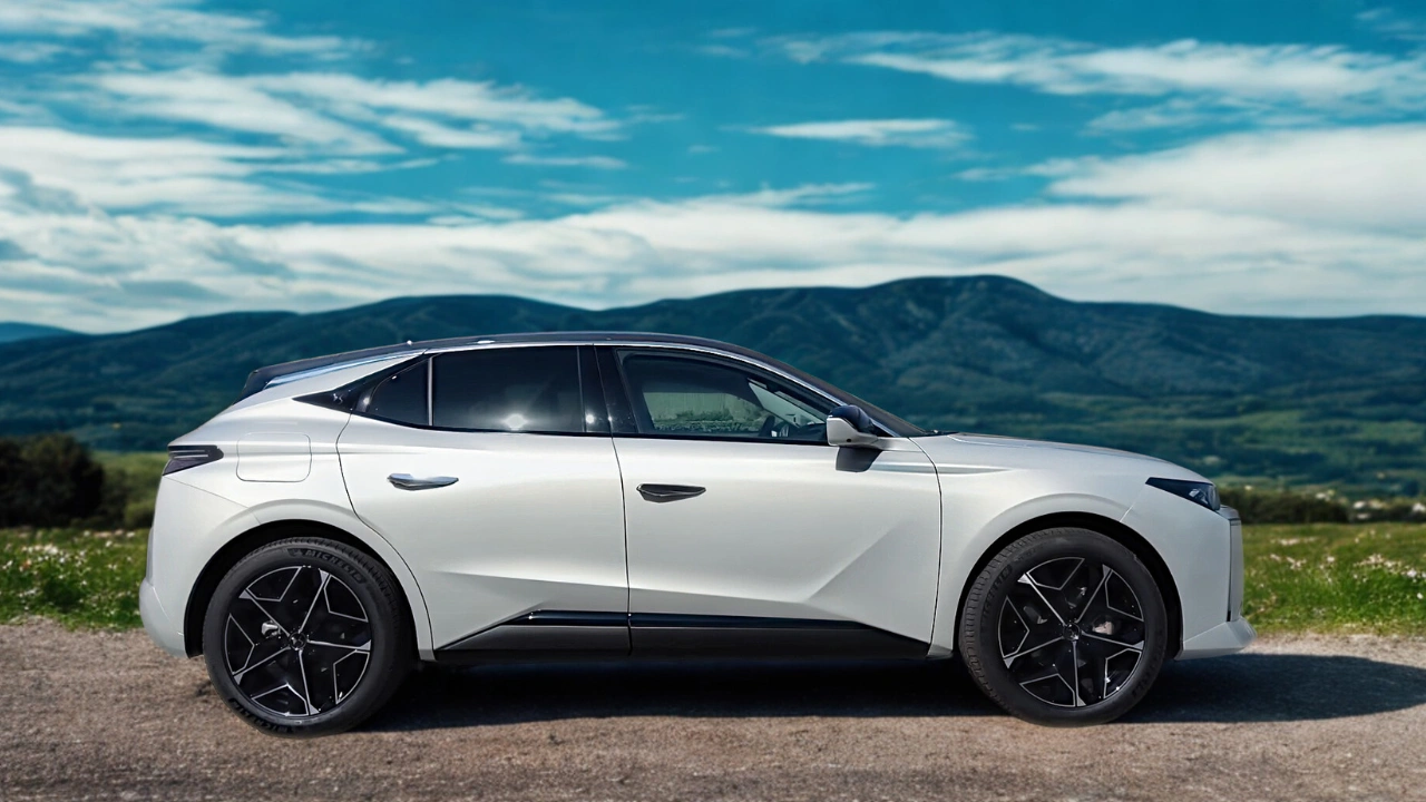 Zijprofiel dat de unieke carrosserie-wielverhouding van de DS No. 4 in het premium compacte hatchback-segment toont, met contrasterend zwart zwevend dak, vlak aansluitende deurklinken perfect geïntegreerd in gevormde zijkanten, en onderscheidend wieldesign.