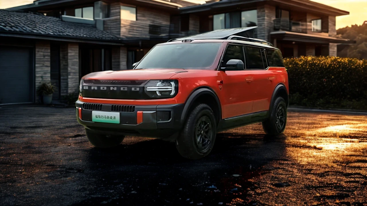 Ford Bronco Elektrisch Vooraanzicht bij Zonsondergang met Dak Camping Pakket