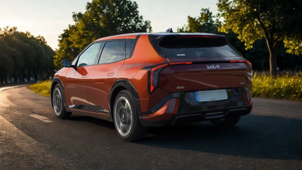2026 Kia EV4 Achter Driekwart Aanzicht tijdens het Gouden Uur