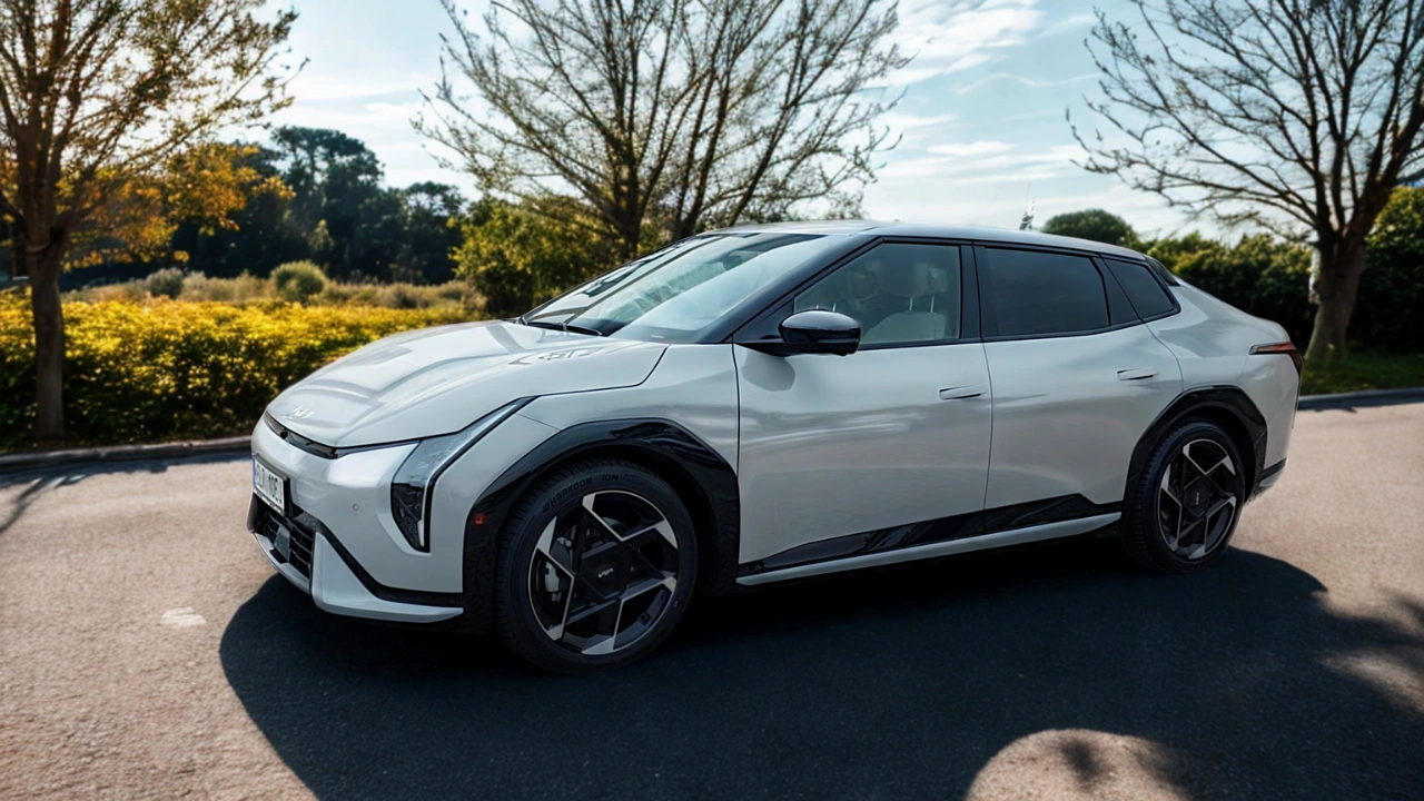 De 2026 Kia EV4 Fastback in Snow White Pearl presenteert zijn moderne elektrische ontwerp met onderscheidende LED-koplampen in een parkeergebied