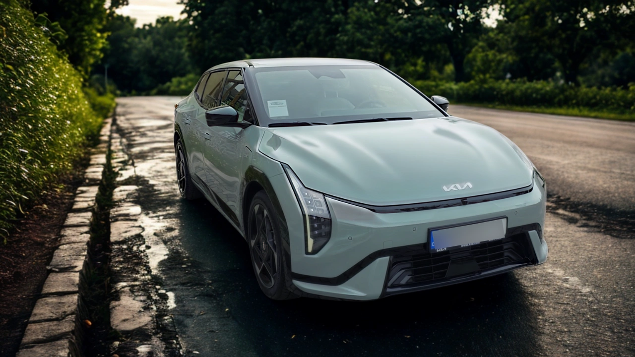 De 2026 Kia EV4 Fastback in Snow White Pearl toont zijn futuristisch frontontwerp met verticale LED-koplampen op een natte weg